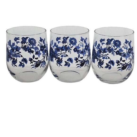 3 Royal Norfolk Blue Floral Juice Glasses Set 16oz black accent flowers 4" - Picture 4 of 8